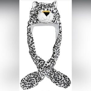 White Leopard Winter Headwear Plush Animal Themed Long Scarf & Mittens